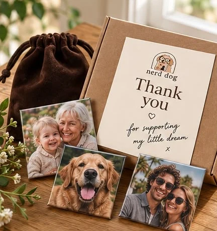 Photo magnets with a velvet gift bag and a nerd dog thank you card in a kraft box