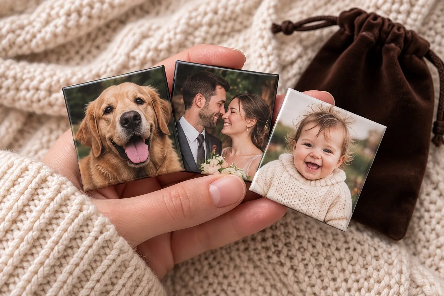A hand holding photo magnets of a golden retriever, a couple and a baby, next to a velvet gift bag
