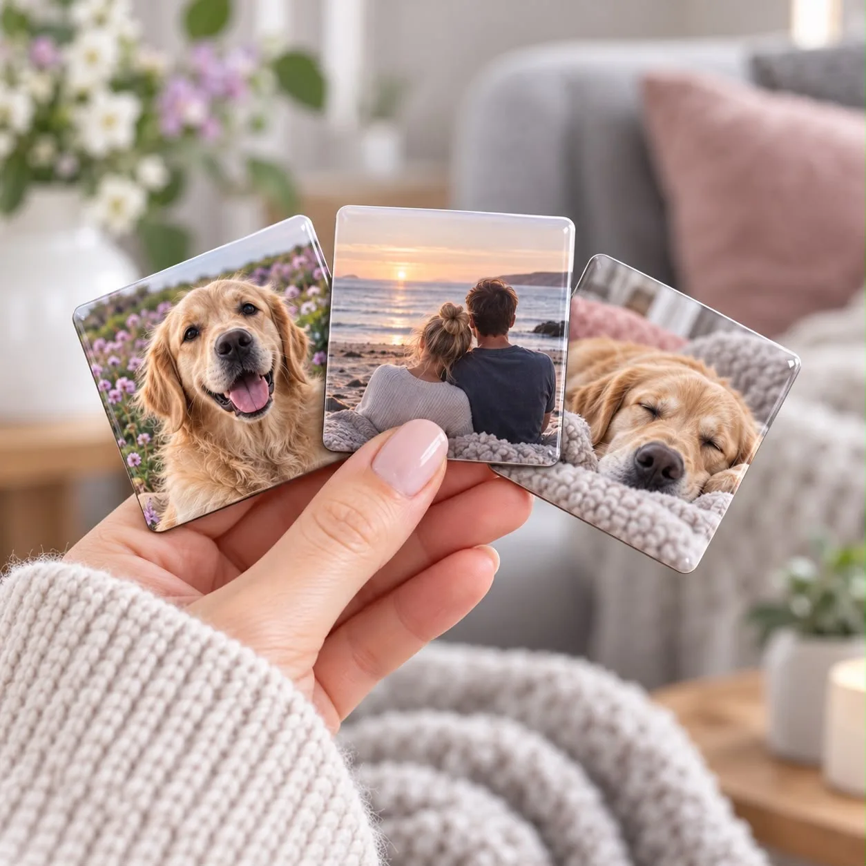 A hand holding photo magnets of a golden retriever, a couple on a beach at sunset and a sleeping dog